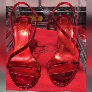 Christian Louboutin Red Metallic Strappy Sandal Heels Red Bottoms Authentic 36.5